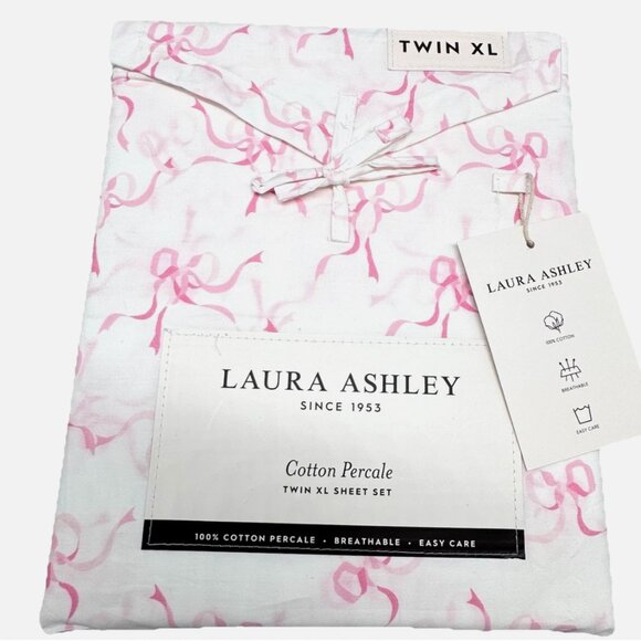 NEW 3pc Laura Ashley TWIN XL Sheet Set Pink TRAILING BOWS Coquette Ribbon DORM - Picture 1 of 4